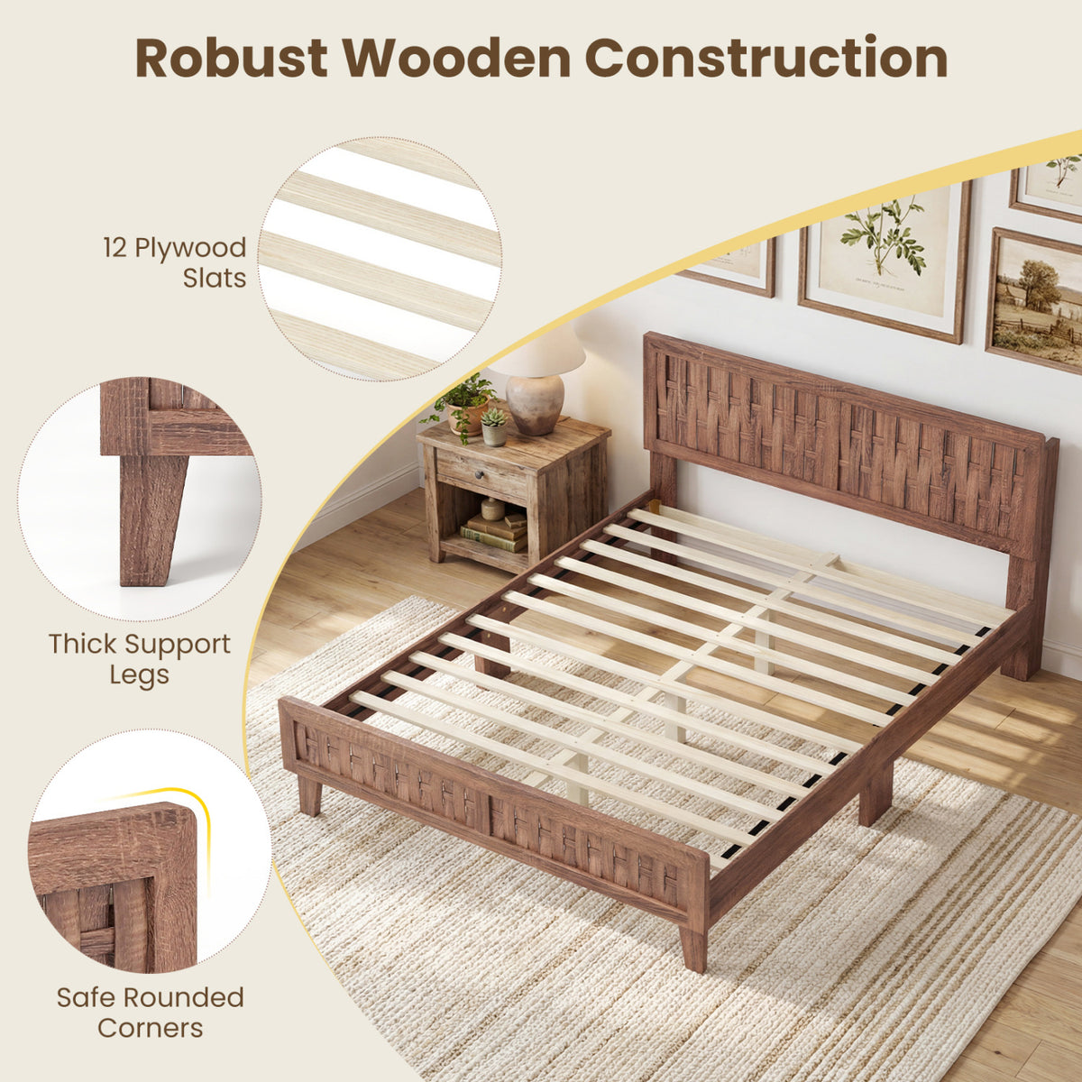 Mid Century Queen Bed Frame with Woven Accent Headboard - Natural