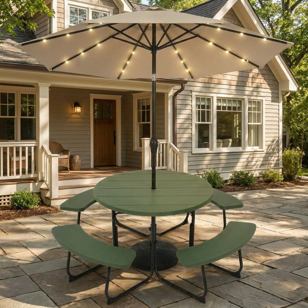 3-Piece Round Picnic Table Set with 10FT Solar LED Tilt Umbrella and