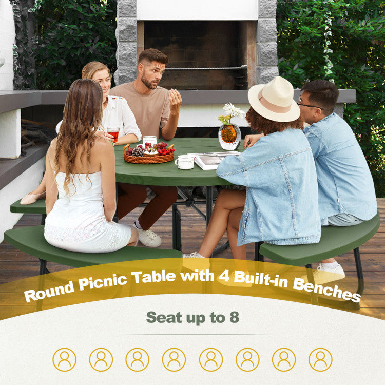 3-Piece Round Picnic Table Set with 10FT Solar LED Tilt Umbrella and