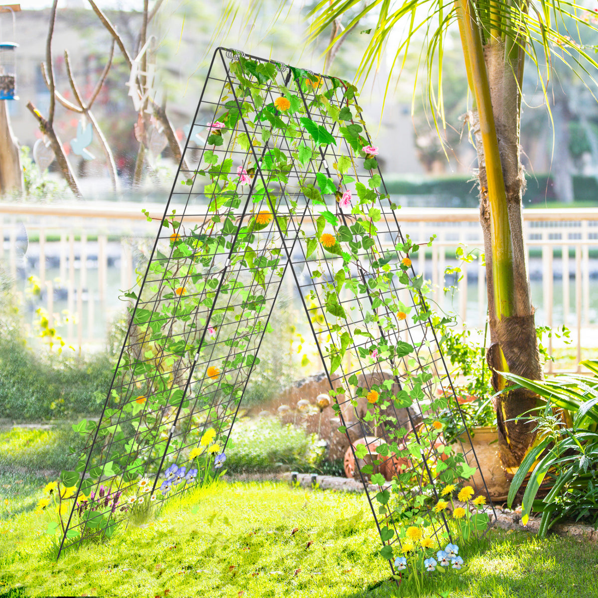 A-Frame Garden Trellis for Climbing Plant with Ground Stake and Cable