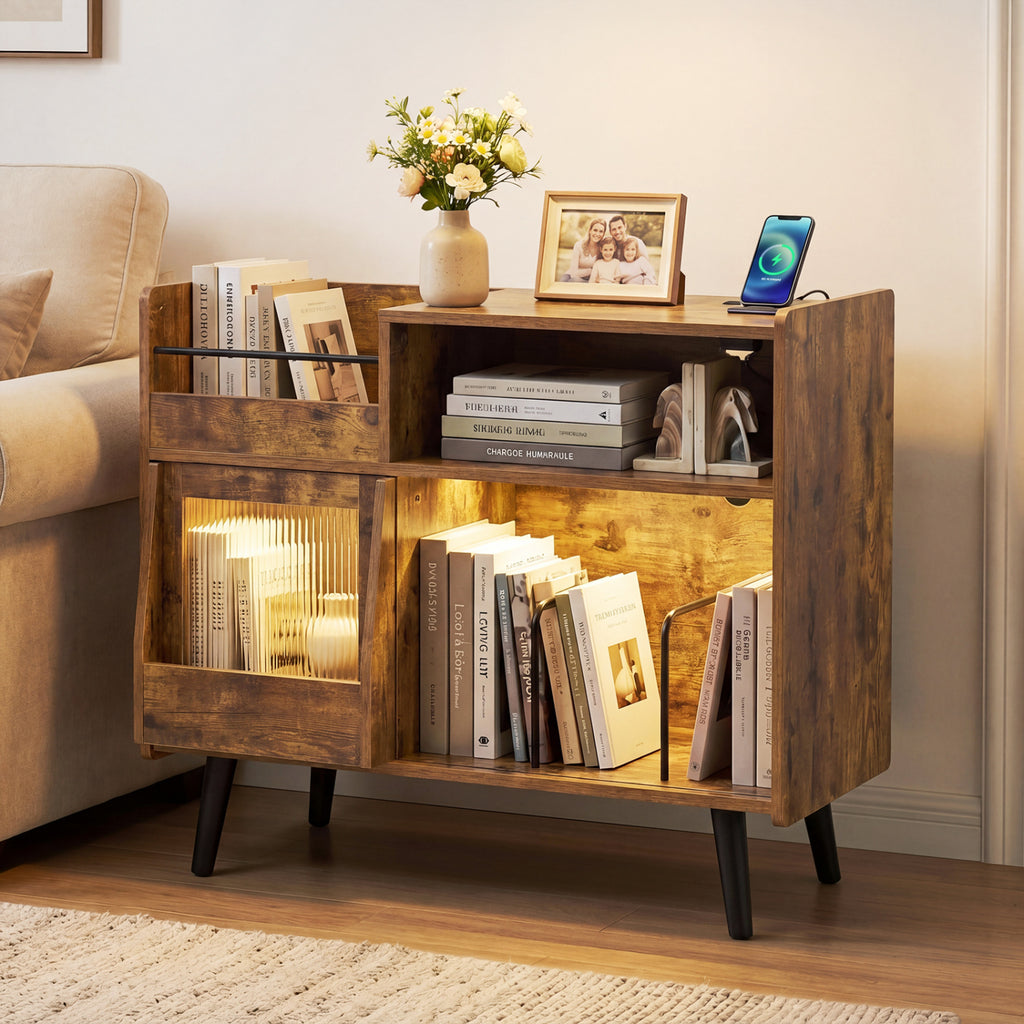 Record Player Stand with LED Light and Power Outlets - Black