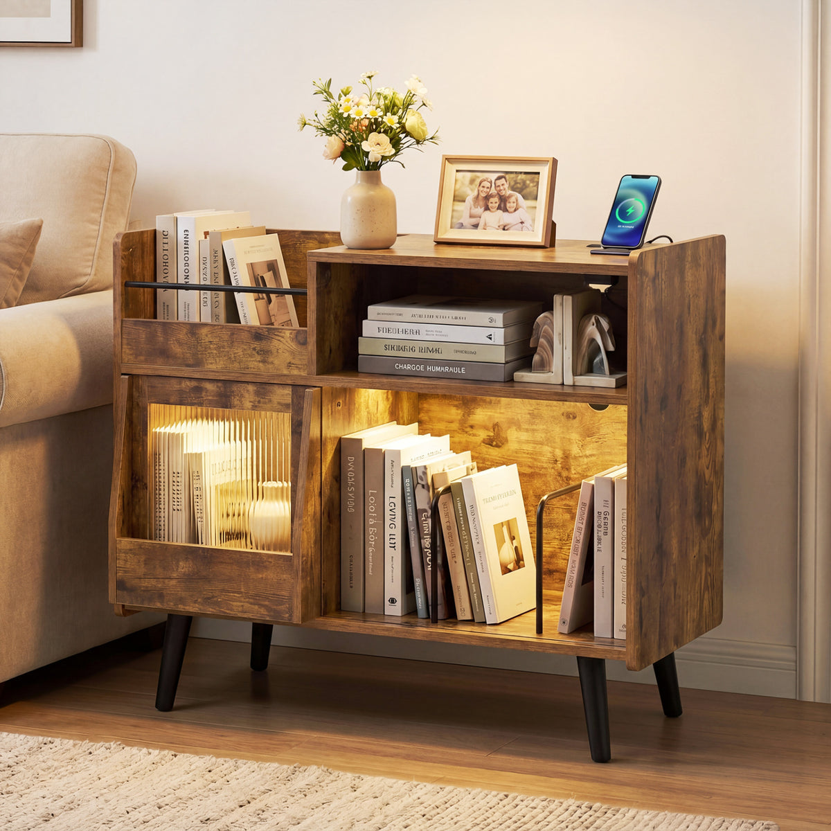Record Player Stand with LED Light and Power Outlets - Black