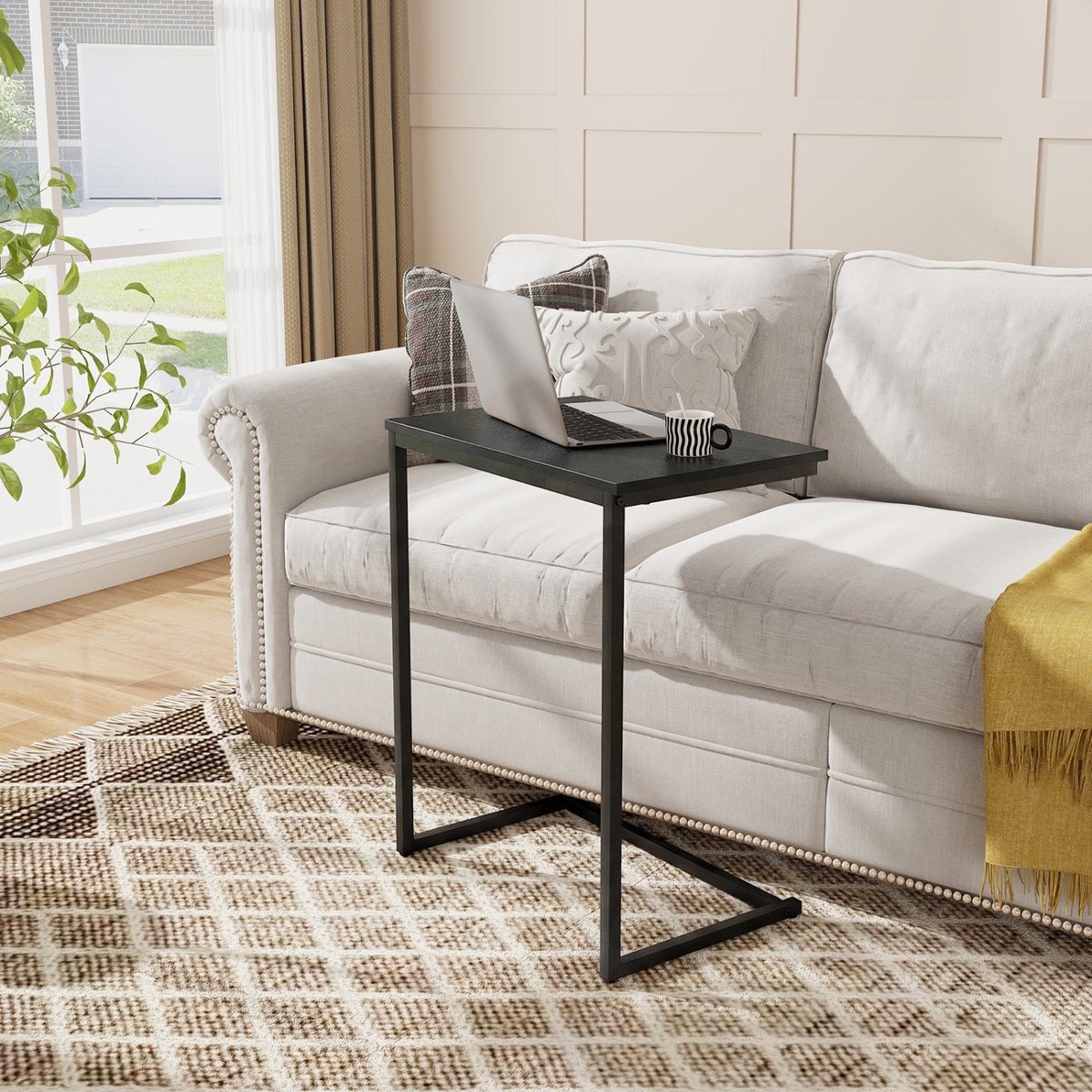 C-Shaped End Table with Metal Frame, Black
