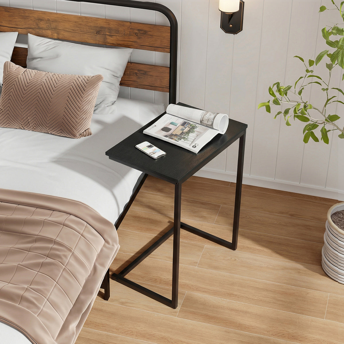 C-Shaped End Table with Metal Frame, Black