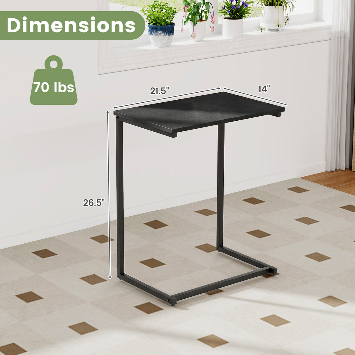 C-Shaped End Table with Metal Frame, Black