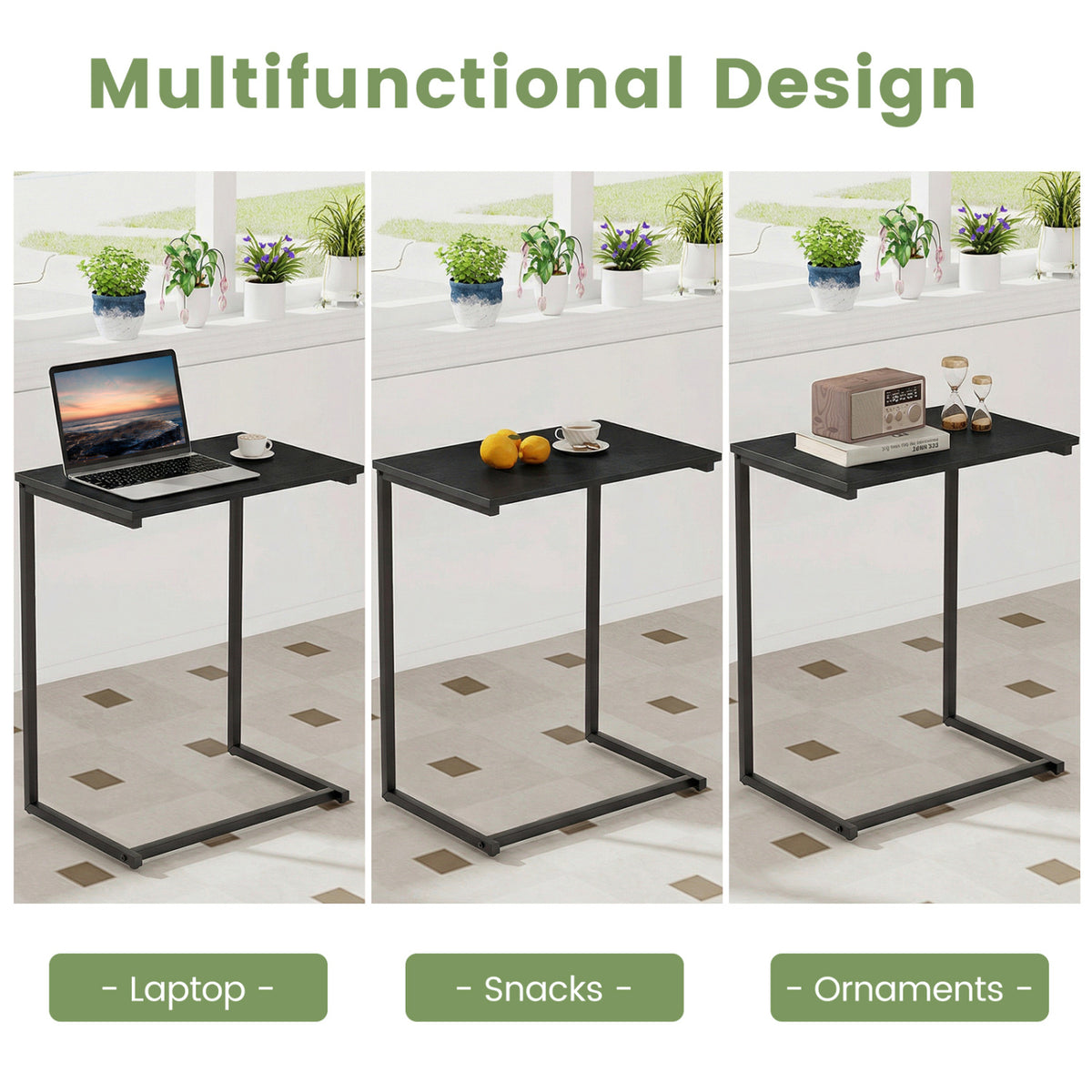 C-Shaped End Table with Metal Frame, Black