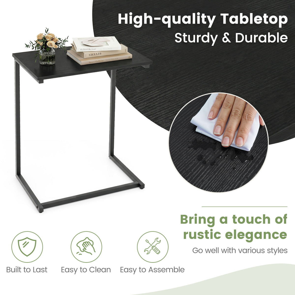 C-Shaped Side Table with Metal Frame, Black