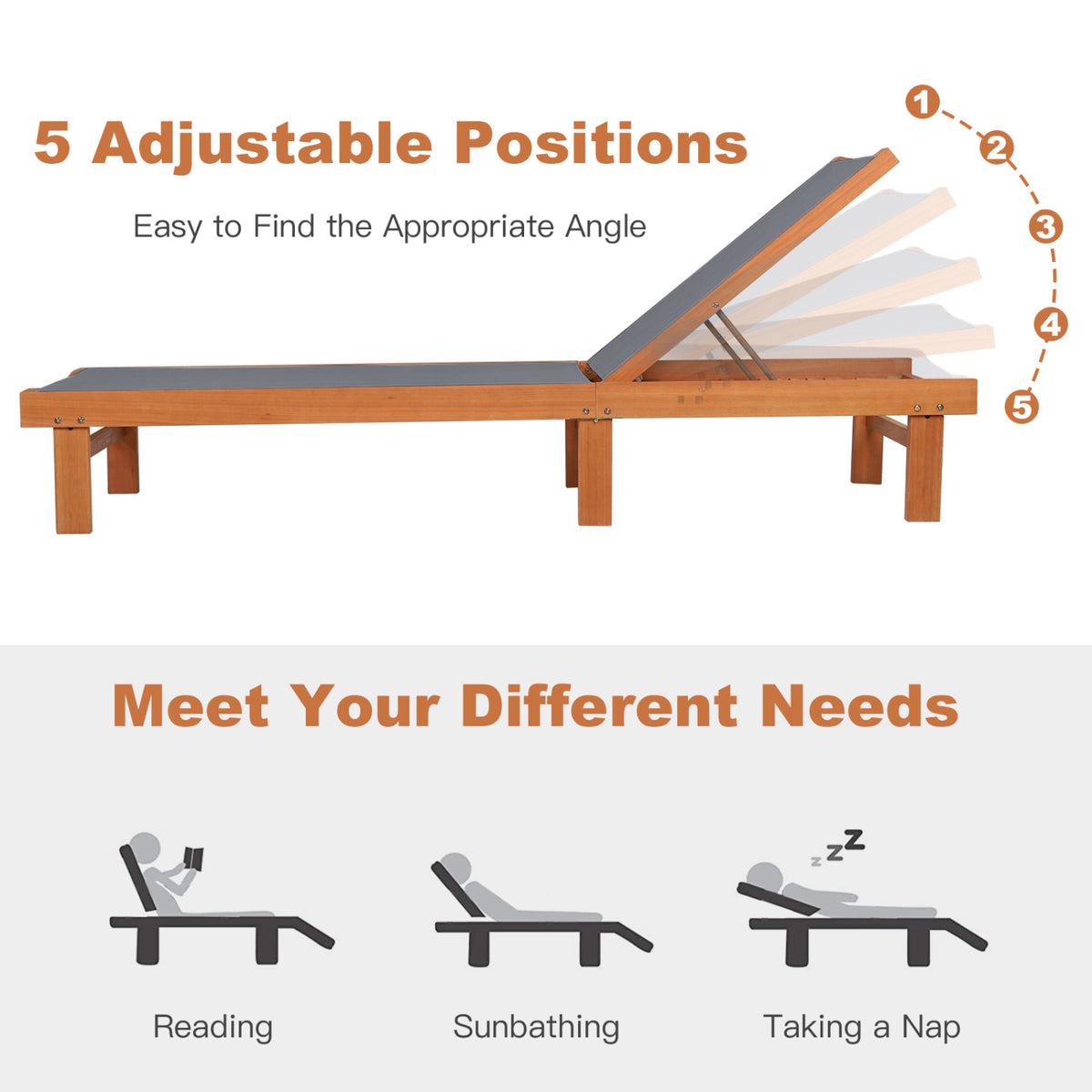 Adjustable Outdoor Wood Chaise Lounge Chair with 5-Postion Backrest