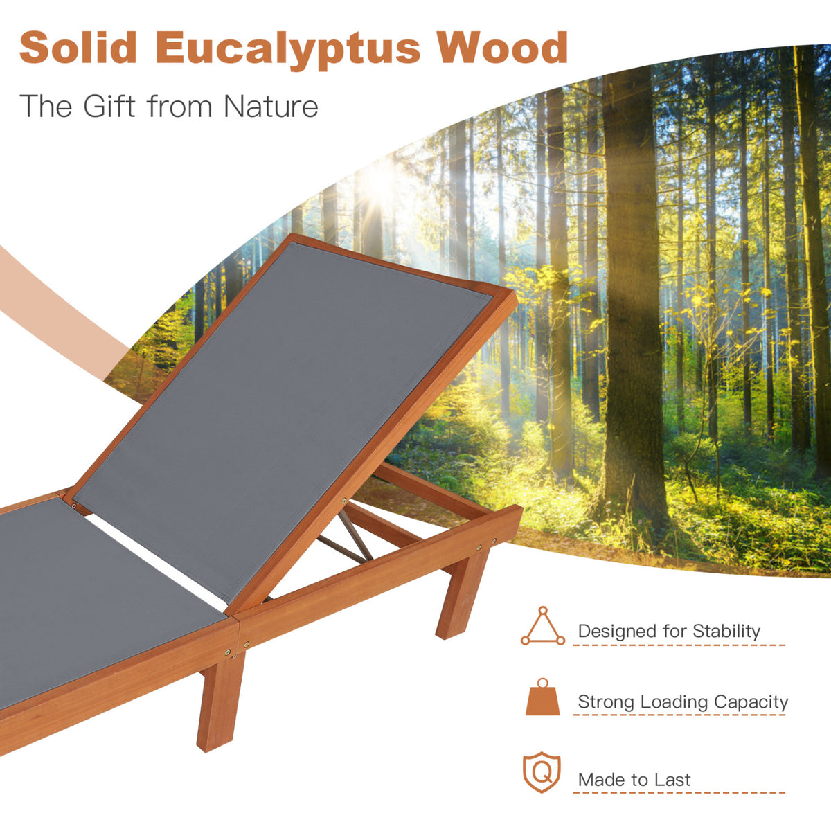 Adjustable Outdoor Wood Chaise Lounge Chair with 5-Postion Backrest