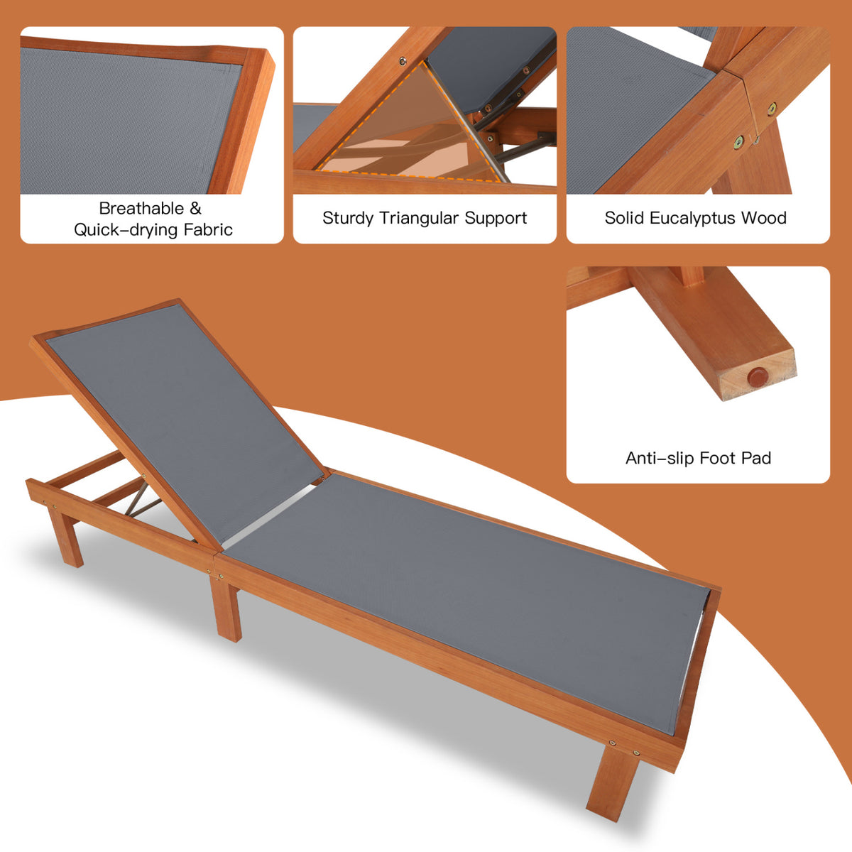 Adjustable Outdoor Wood Chaise Lounge Chair with 5-Postion Backrest