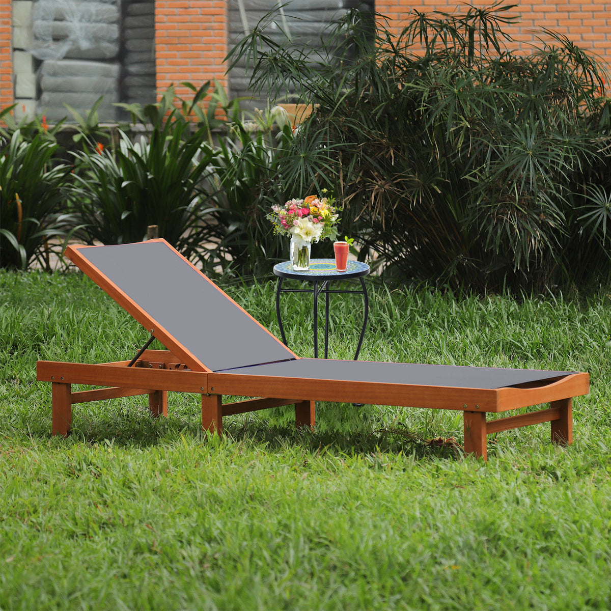 Adjustable Outdoor Wood Chaise Lounge Chair with 5-Postion Backrest