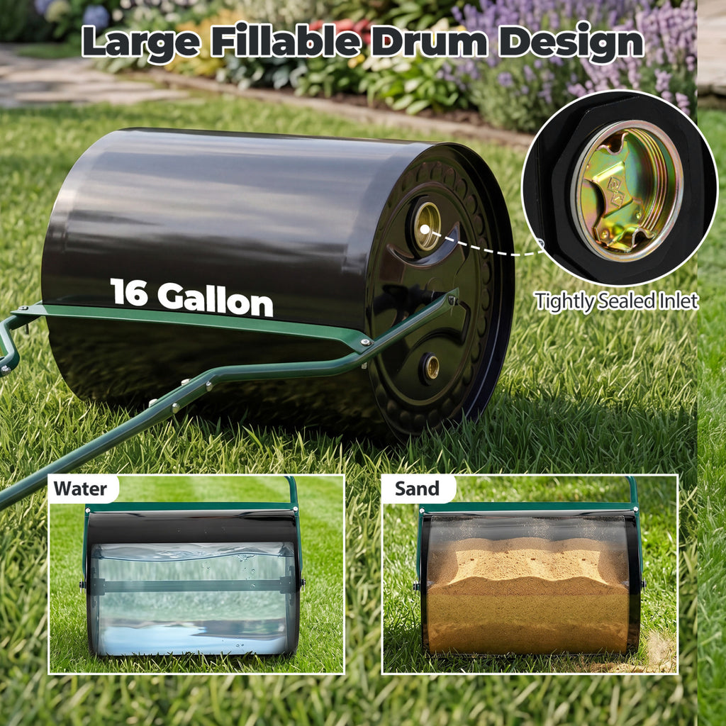 Lawn Roller 16 Gallon Water/Sand Filled Garden Drum with Leak-proof