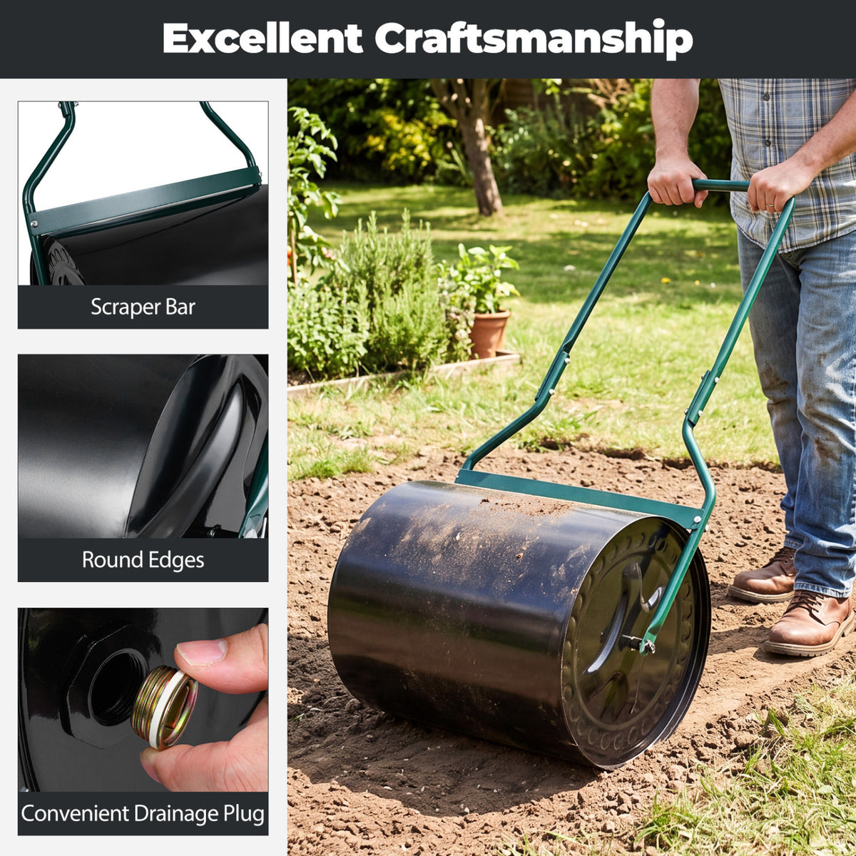 Lawn Roller 16 Gallon Water/Sand Filled Garden Drum with Leak-proof