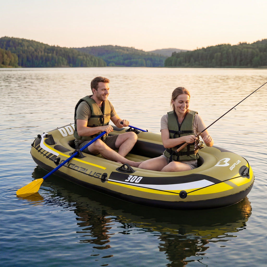3-Person Inflatable Fishing Raft Set with Oars, Pump & Green Variation