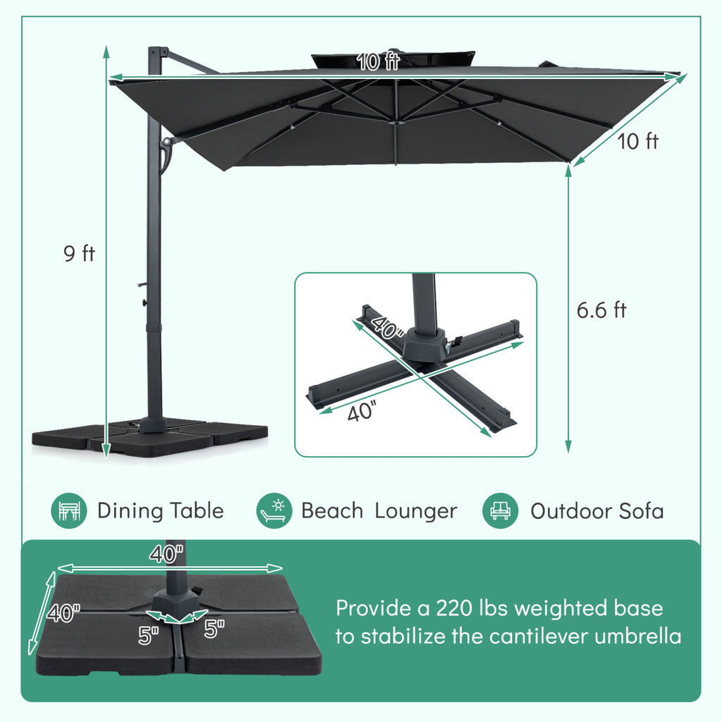 10 FT Aluminum Pole Patio Cantilever Umbrella with 220 LBS Base
