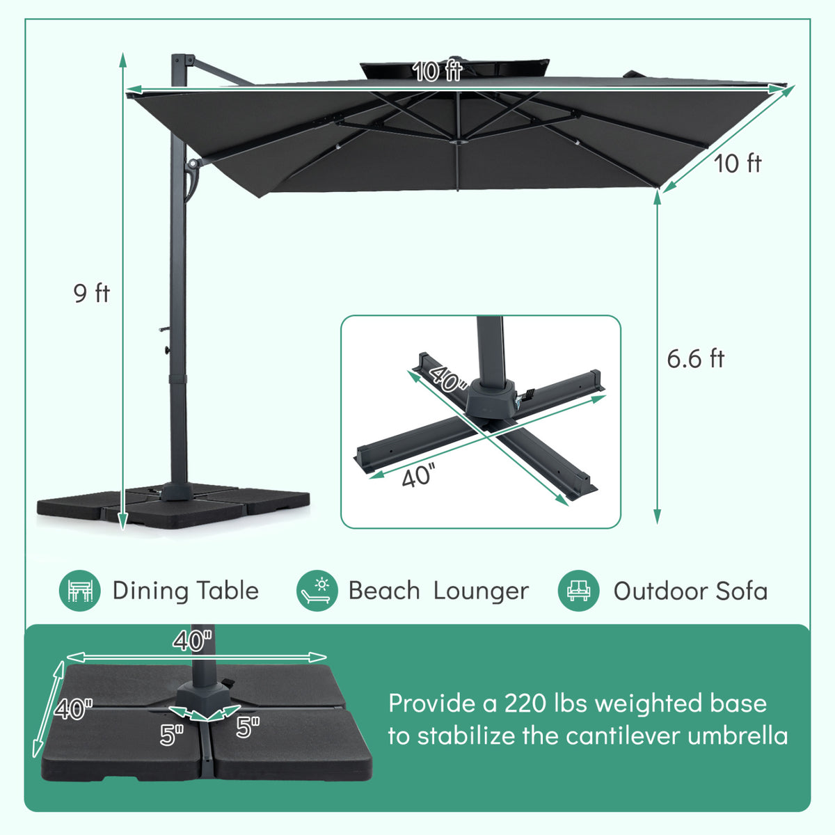 10 FT Aluminum Pole Patio Cantilever Umbrella with 220 LBS Base
