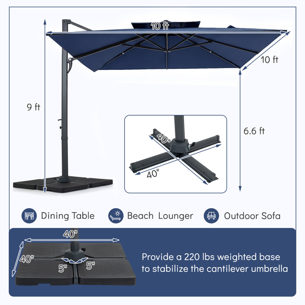 10 FT Aluminum Pole Patio Cantilever Umbrella with 220 LBS Base