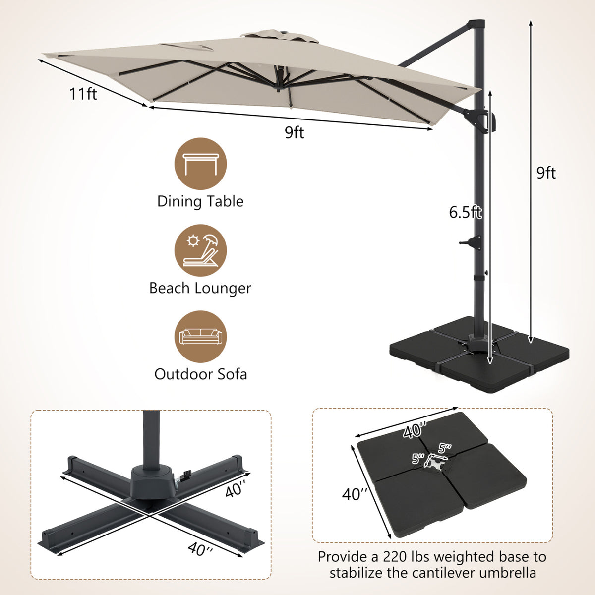 11 x 9 FT Aluminum Pole Outdoor Offset Hanging Umbrella with 220 LBS