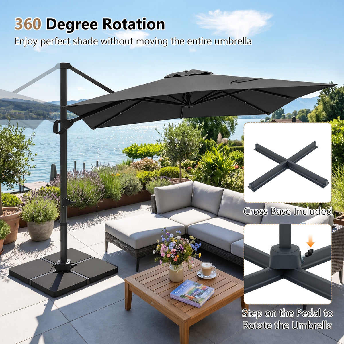 11 x 9 FT Aluminum Pole Outdoor Offset Hanging Umbrella with 220 LBS