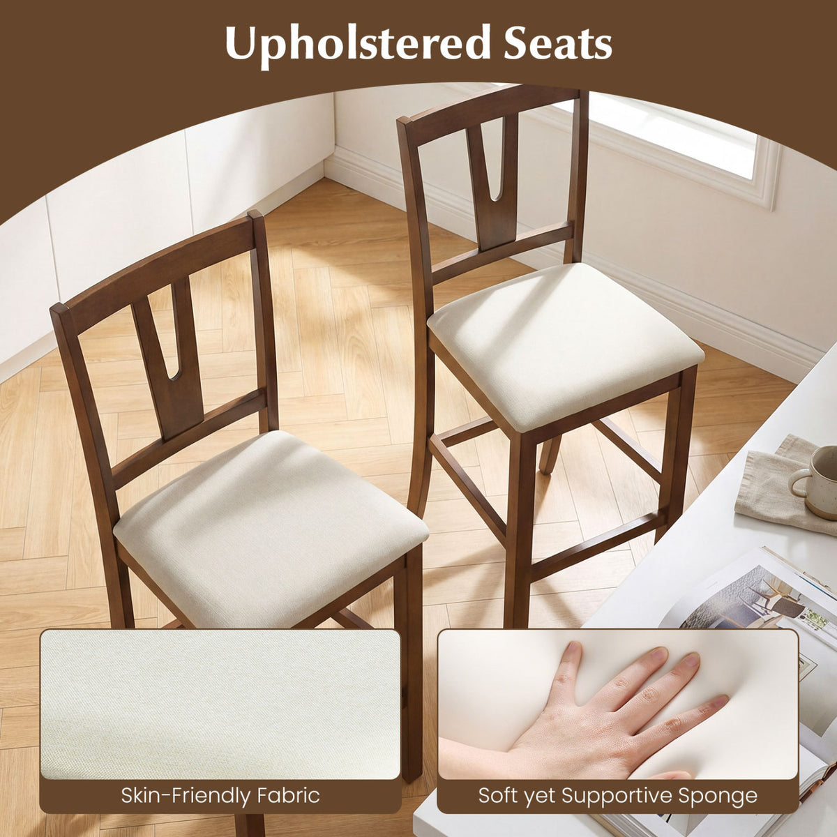 Counter Height Bar Stools with V-Back Support, Set of 2
