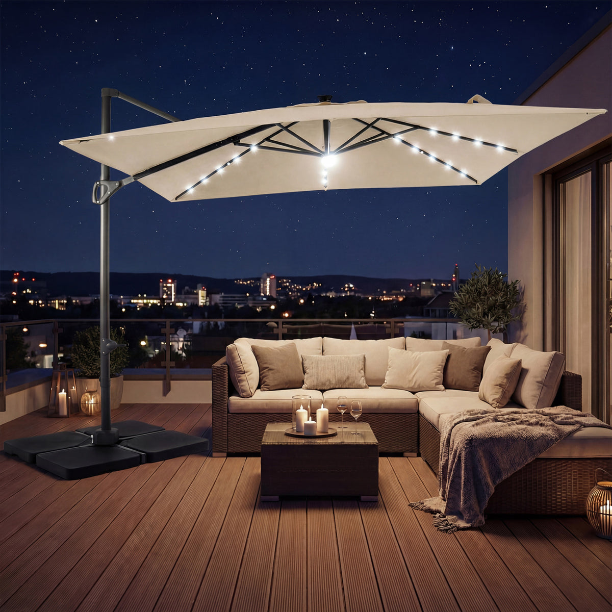 10 FT Cantilever Patio Umbrella with 32 Solar LED Lights and 220 LBS