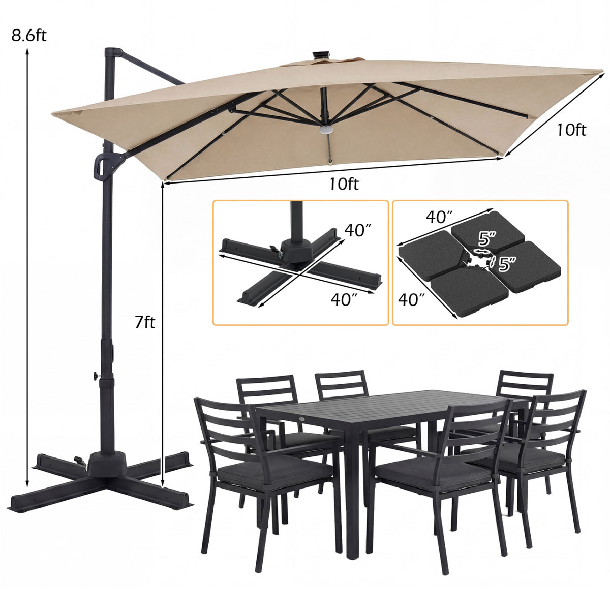 10 FT Cantilever Patio Umbrella with 32 Solar LED Lights and 220 LBS