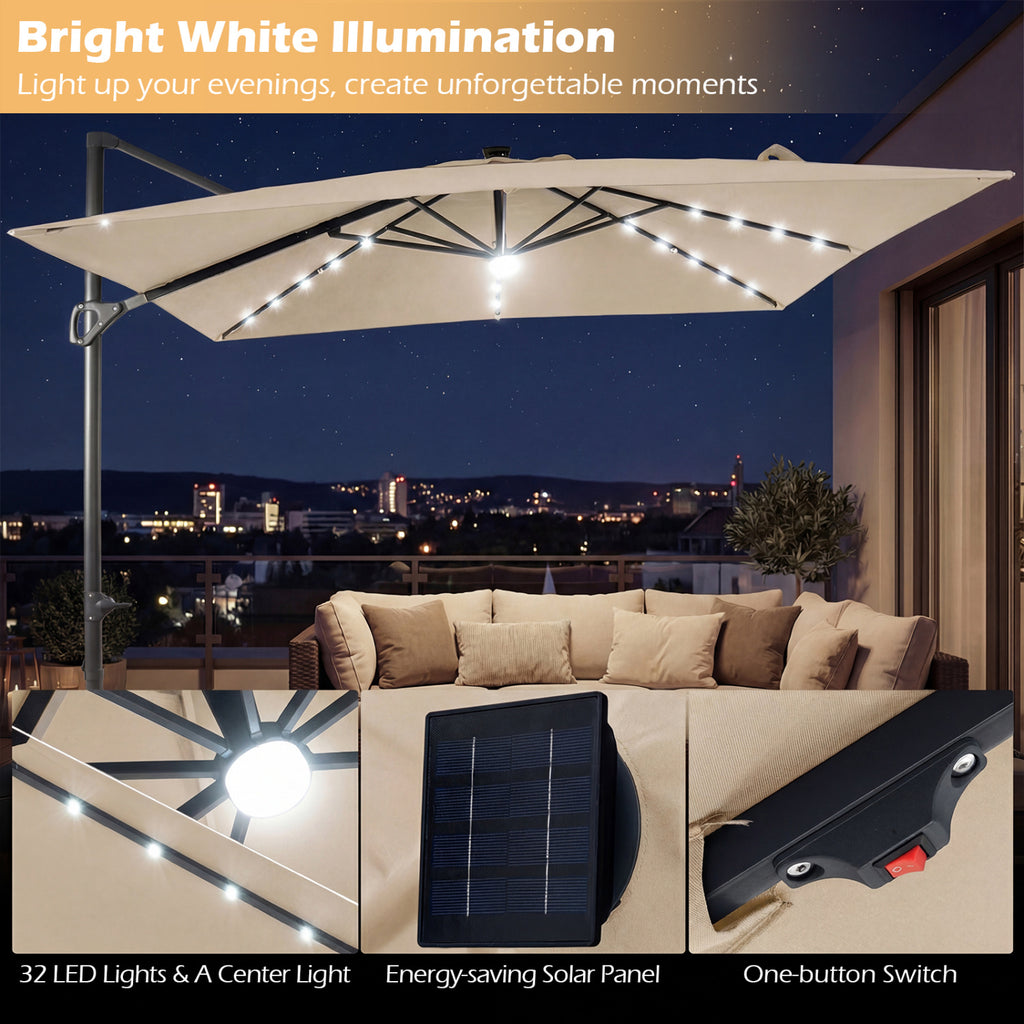 10 FT Cantilever Patio Umbrella with 32 Solar LED Lights and 220 LBS