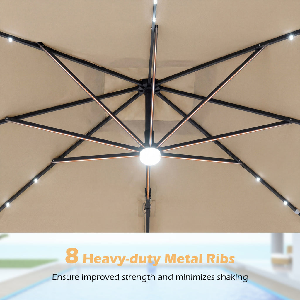 10 FT Cantilever Patio Umbrella with 32 Solar LED Lights and 220 LBS