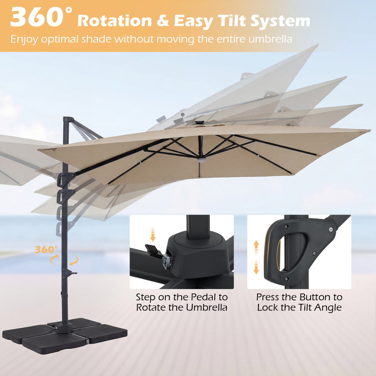 10 FT Cantilever Patio Umbrella with 32 Solar LED Lights and 220 LBS