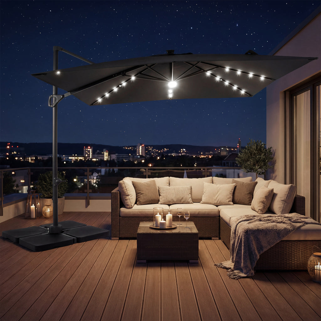 10 FT Cantilever Patio Umbrella with 32 Solar LED Lights and 220 LBS