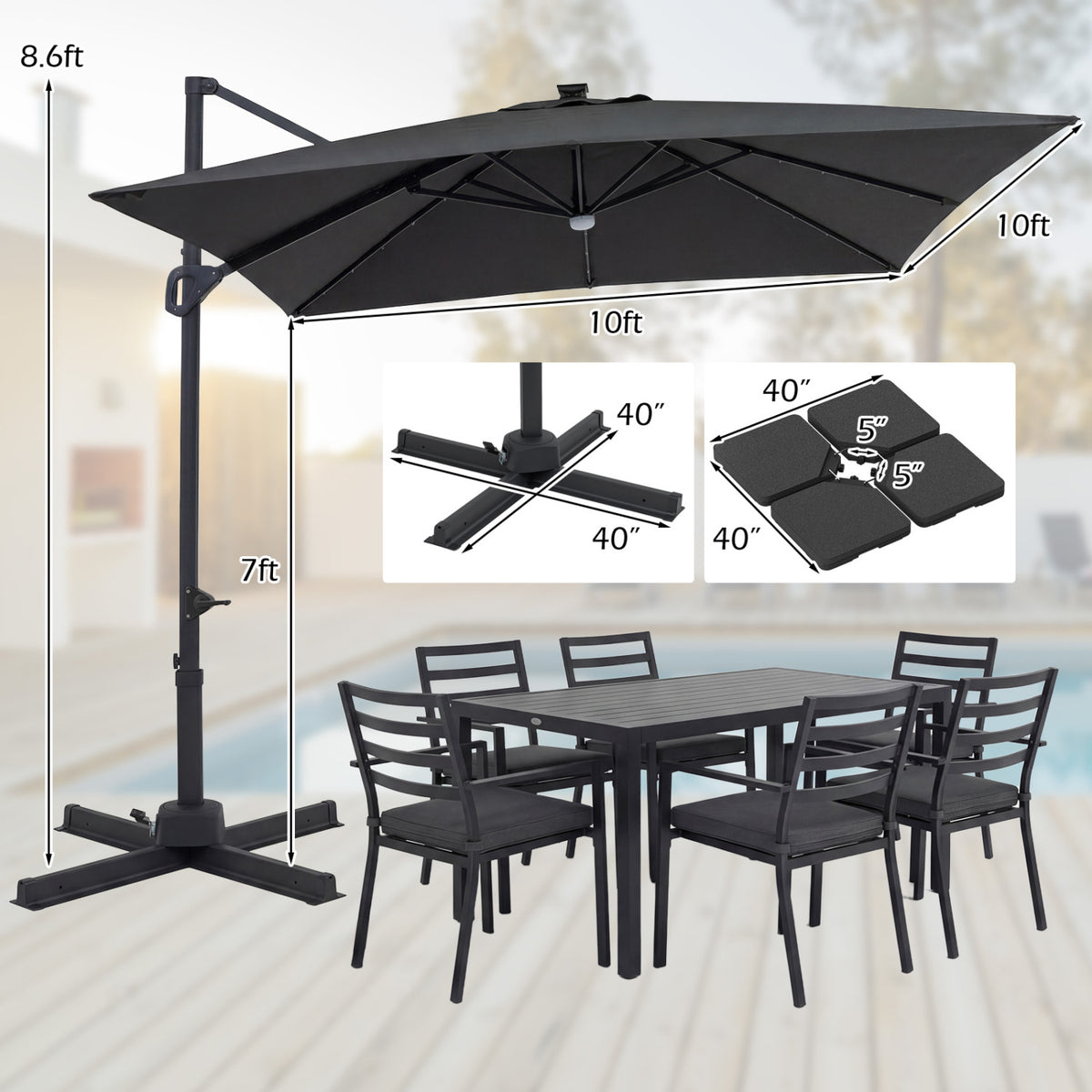 10 FT Cantilever Patio Umbrella with 32 Solar LED Lights and 220 LBS