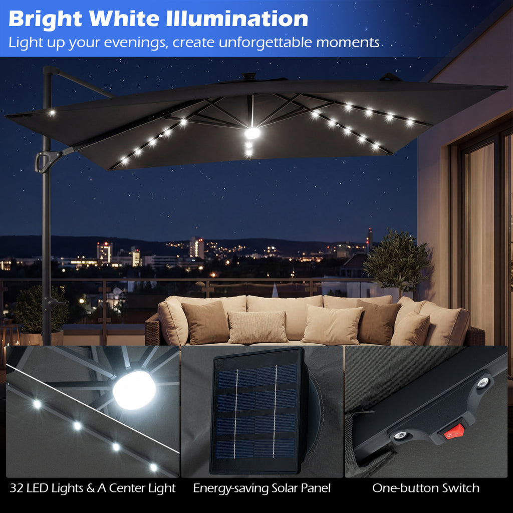 10 FT Cantilever Patio Umbrella with 32 Solar LED Lights and 220 LBS