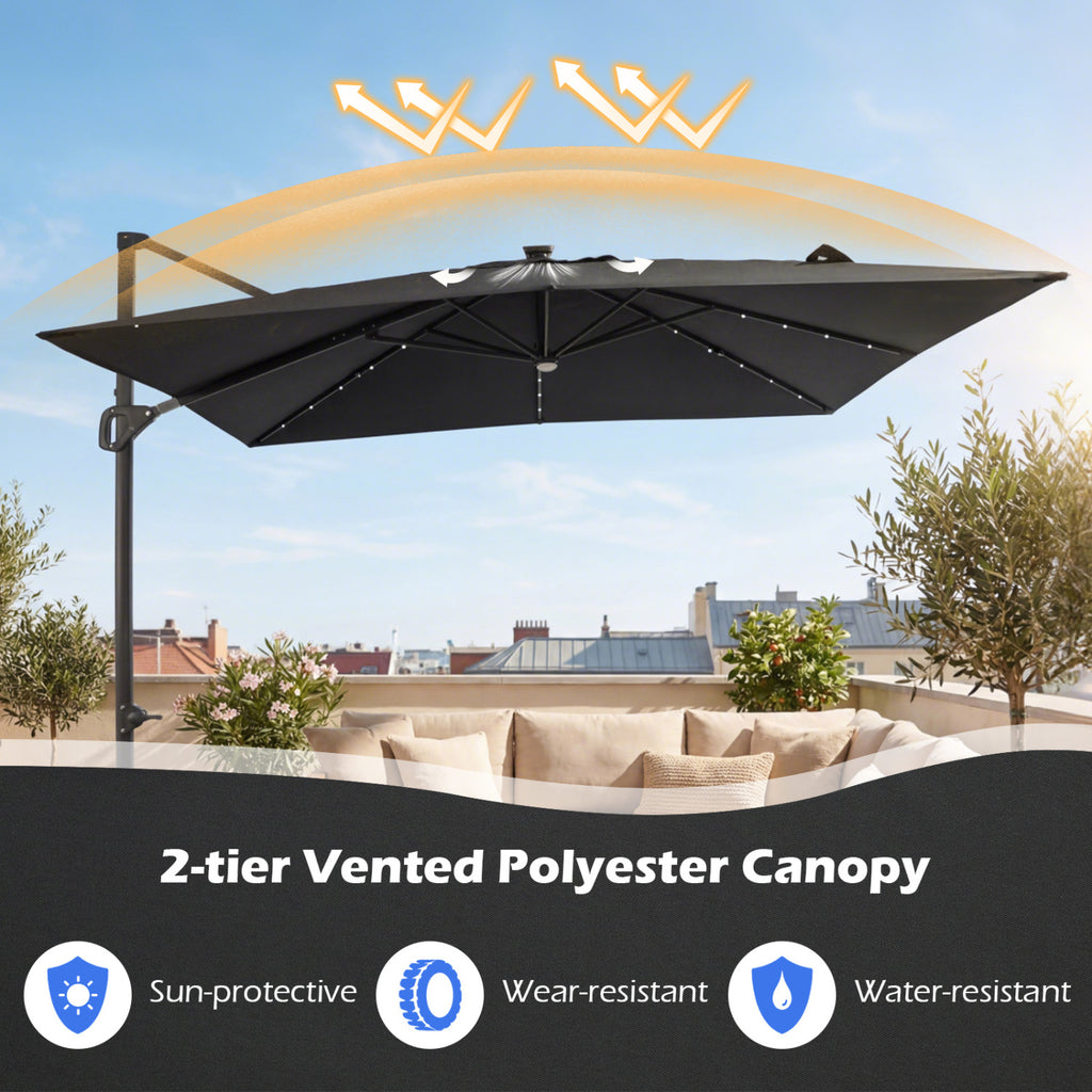 10 FT Cantilever Patio Umbrella with 32 Solar LED Lights and 220 LBS