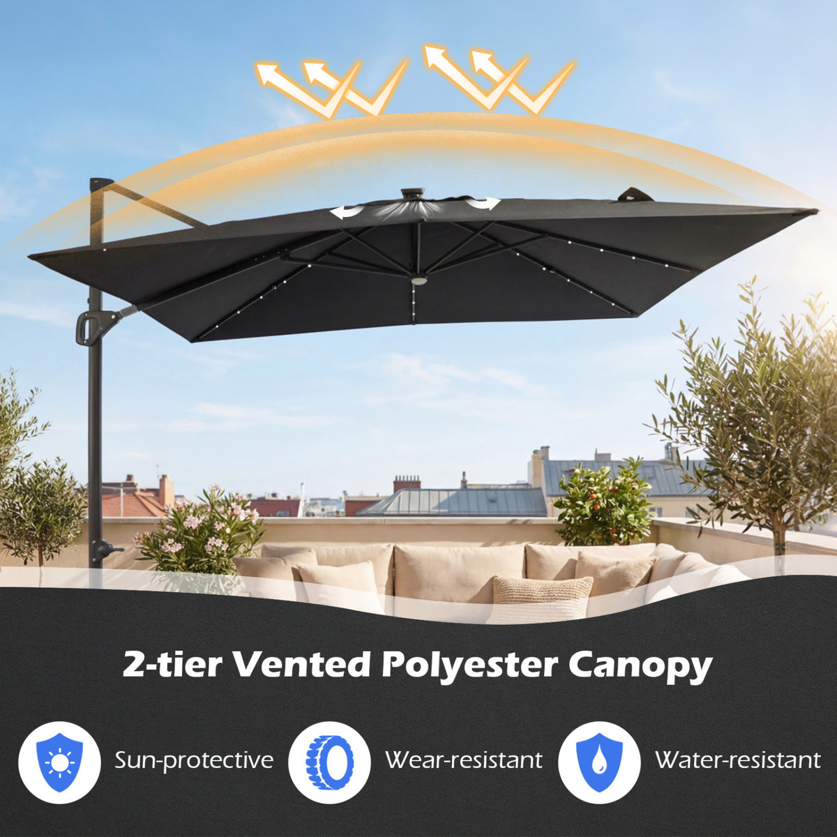 10 FT Cantilever Patio Umbrella with 32 Solar LED Lights and 220 LBS