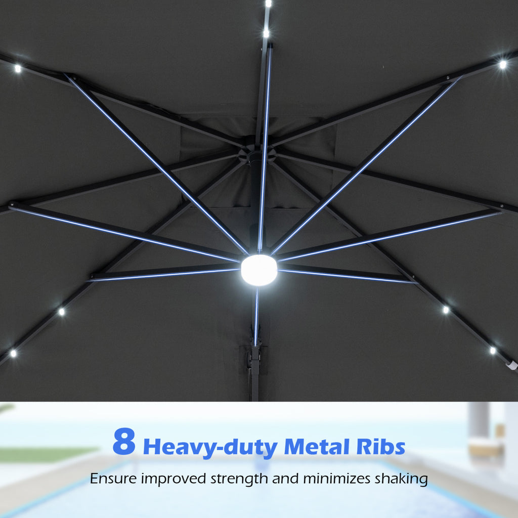 10 FT Cantilever Patio Umbrella with 32 Solar LED Lights and 220 LBS