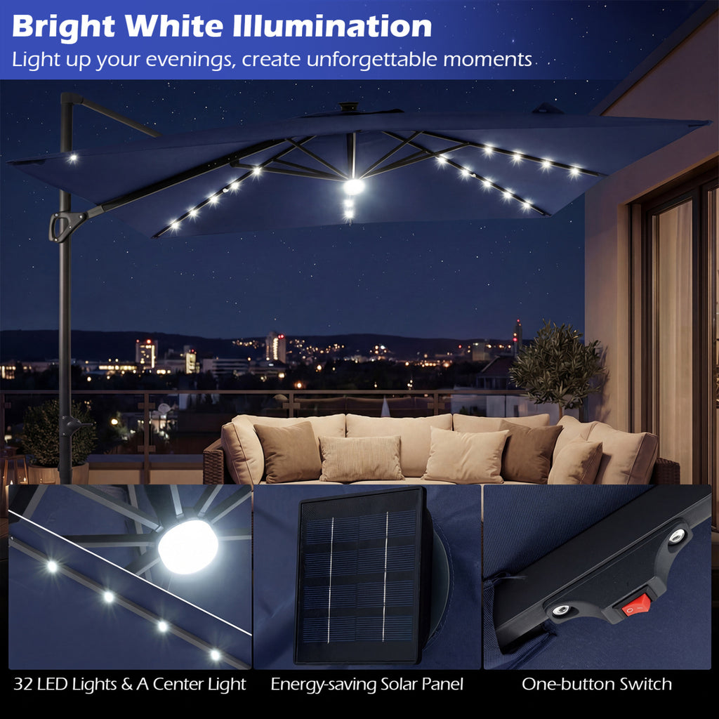 10 FT Cantilever Patio Umbrella with 32 Solar LED Lights and 220 LBS