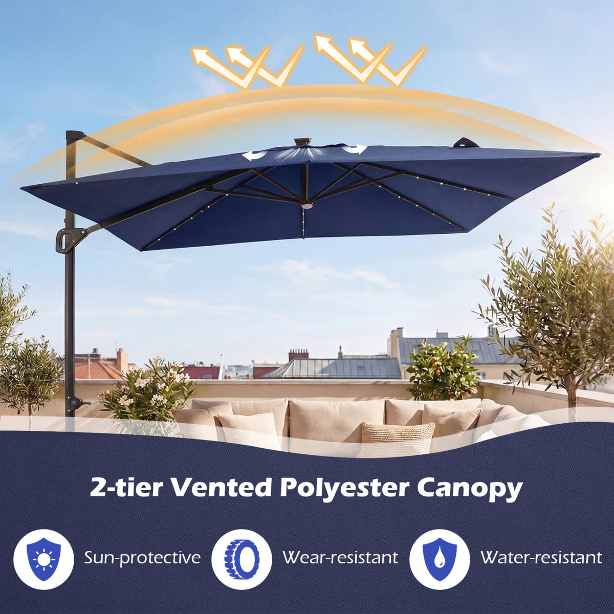 10 FT Cantilever Patio Umbrella with 32 Solar LED Lights and 220 LBS
