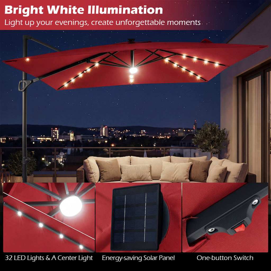 10 FT Cantilever Patio Umbrella with 32 Solar LED Lights and 220 LBS