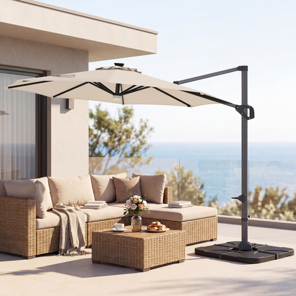10 FT Cantilever Patio Umbrella with 35 Solar LED Lights and 220 LBS