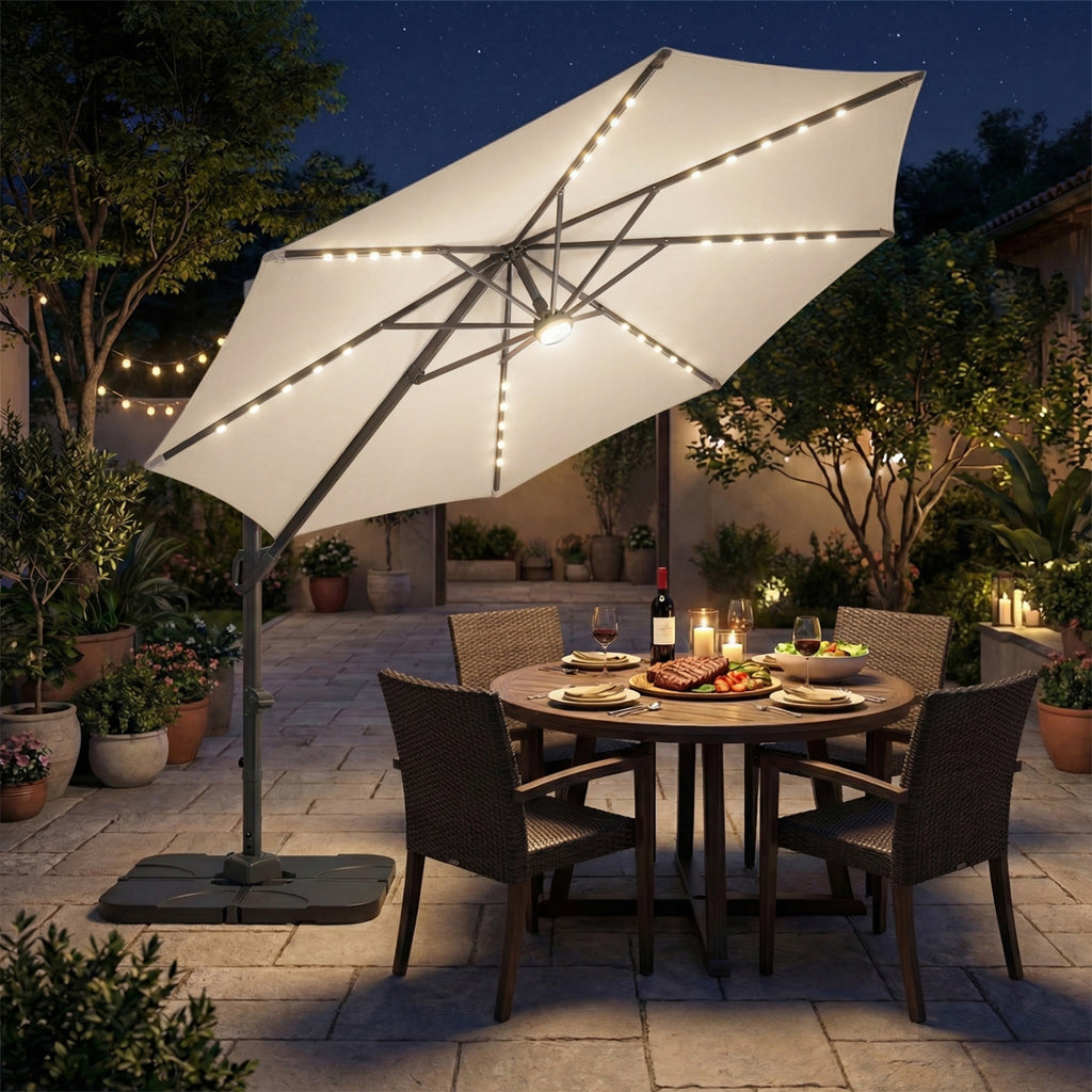 10 FT Cantilever Patio Umbrella with 35 Solar LED Lights and 220 LBS