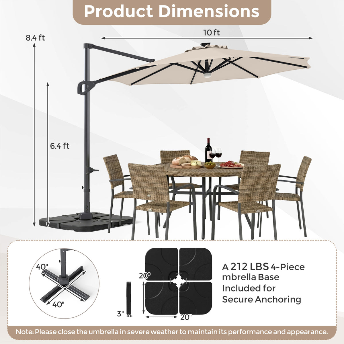 10 FT Cantilever Patio Umbrella with 35 Solar LED Lights and 220 LBS