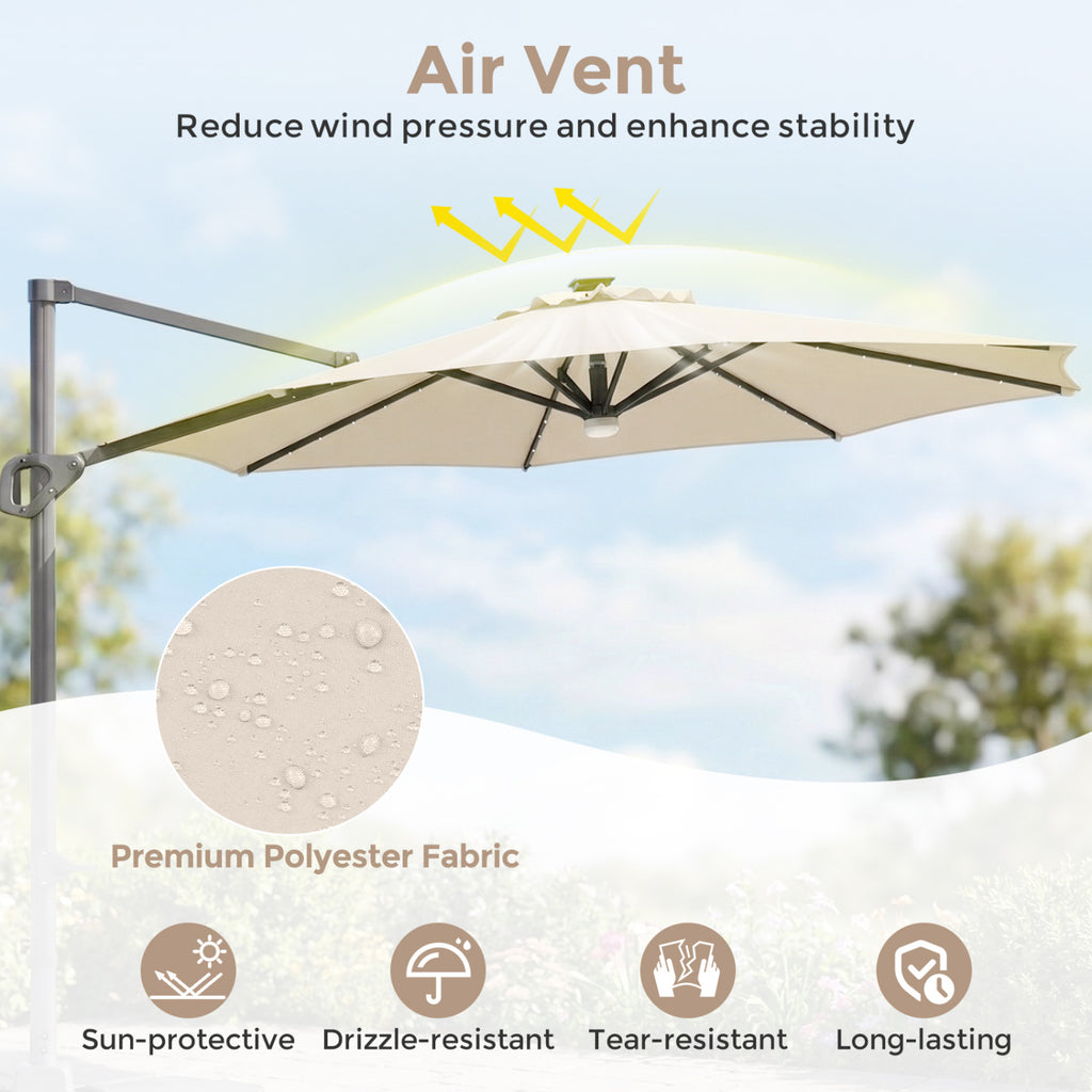 10 FT Cantilever Patio Umbrella with 35 Solar LED Lights and 220 LBS