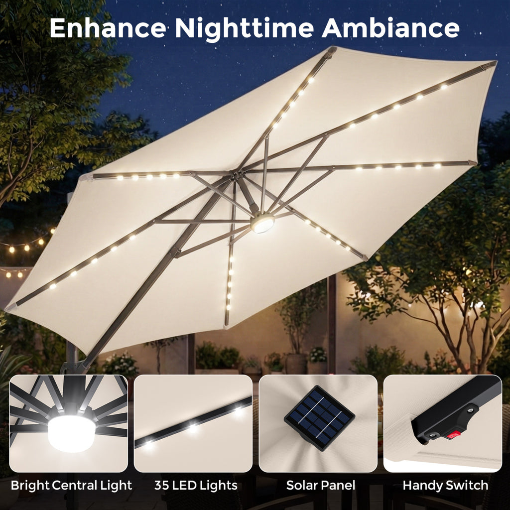 10 FT Cantilever Patio Umbrella with 35 Solar LED Lights and 220 LBS