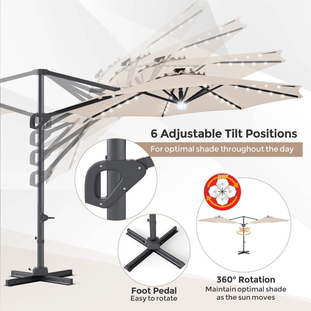 10 FT Cantilever Patio Umbrella with 35 Solar LED Lights and 220 LBS