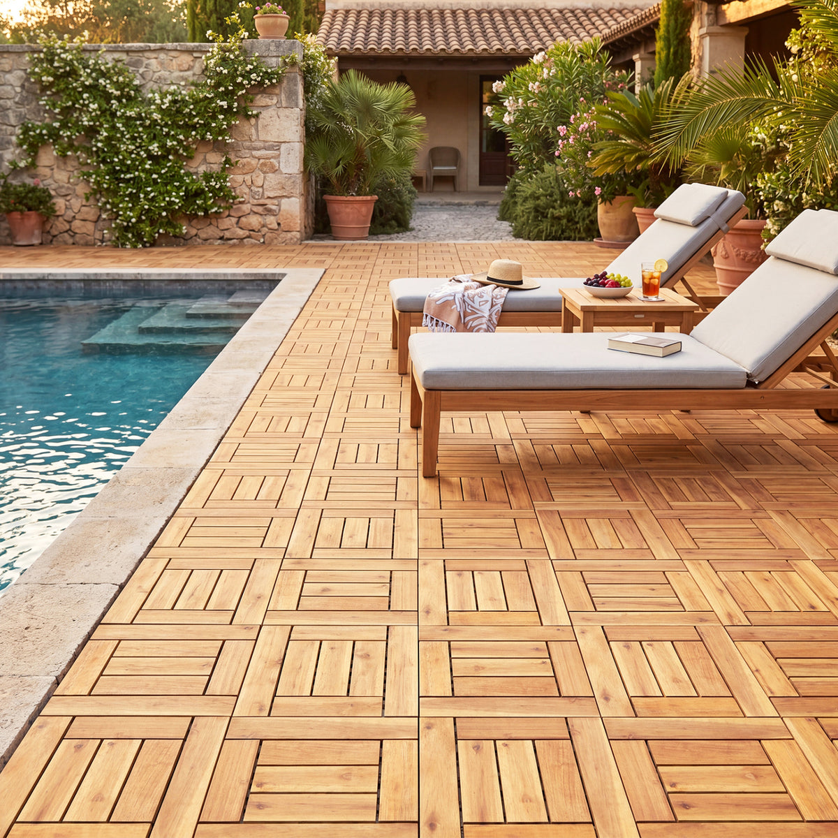 Acacia Wood Interlocking Deck Tiles for Patio Balcony Backyard Porch Poolside - Golden Teak Frame 54 Pieces
