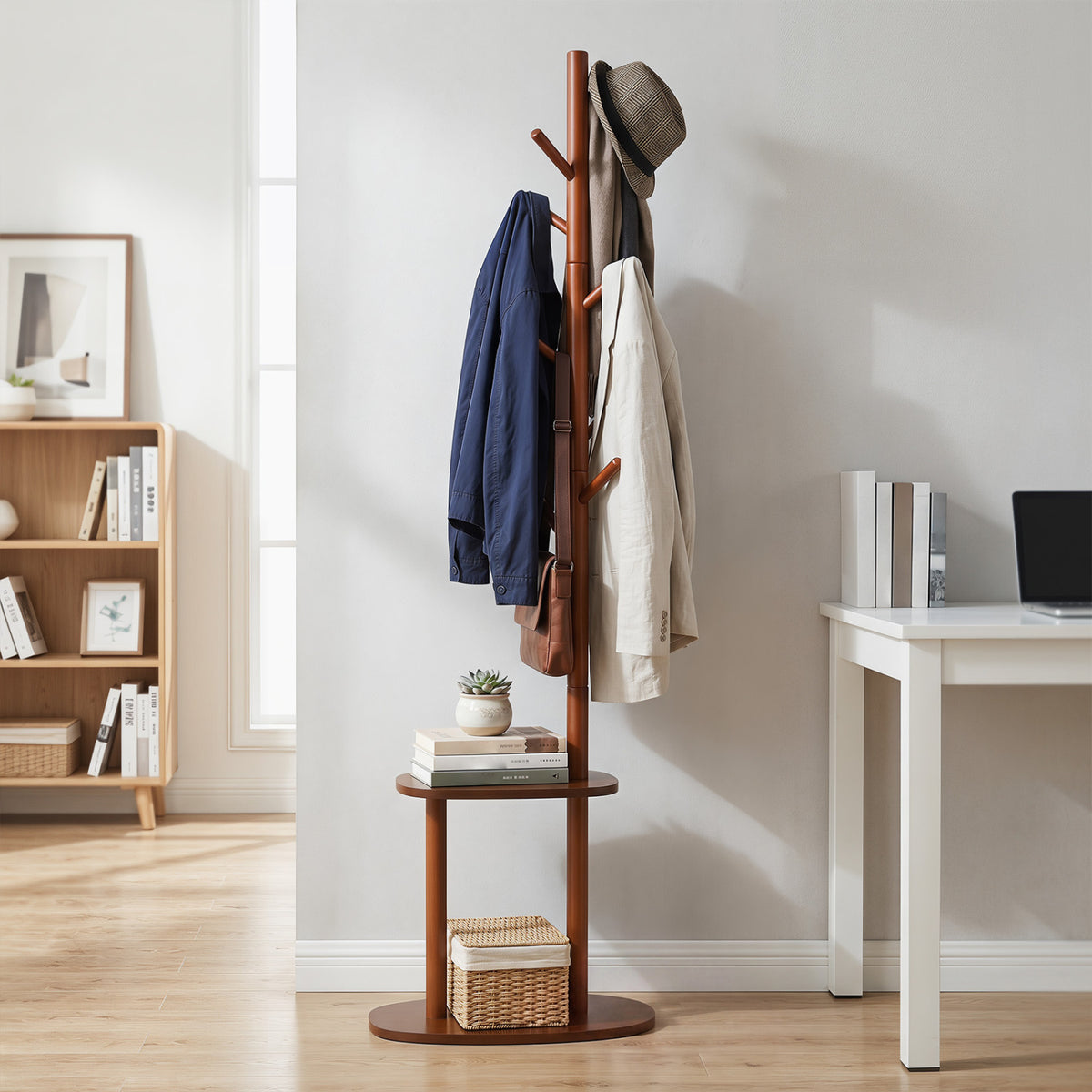 Coat Rack with 8 Rubber Wood Hooks and 2 Storage Shelves