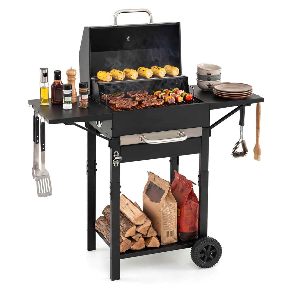 Portable Outdoor Barbecue Grill with Adjustable Charcoal Tray and