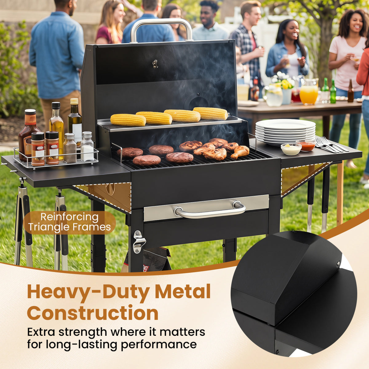 Charcoal Grill with 2 Side Tables & Adjustable Chimney 284 sq.in