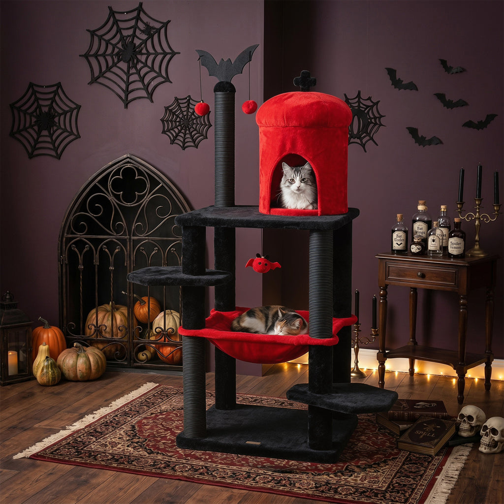 Red 51-Inch Gothic Multi-Level Cat Tree with Spider Toy & Hammock