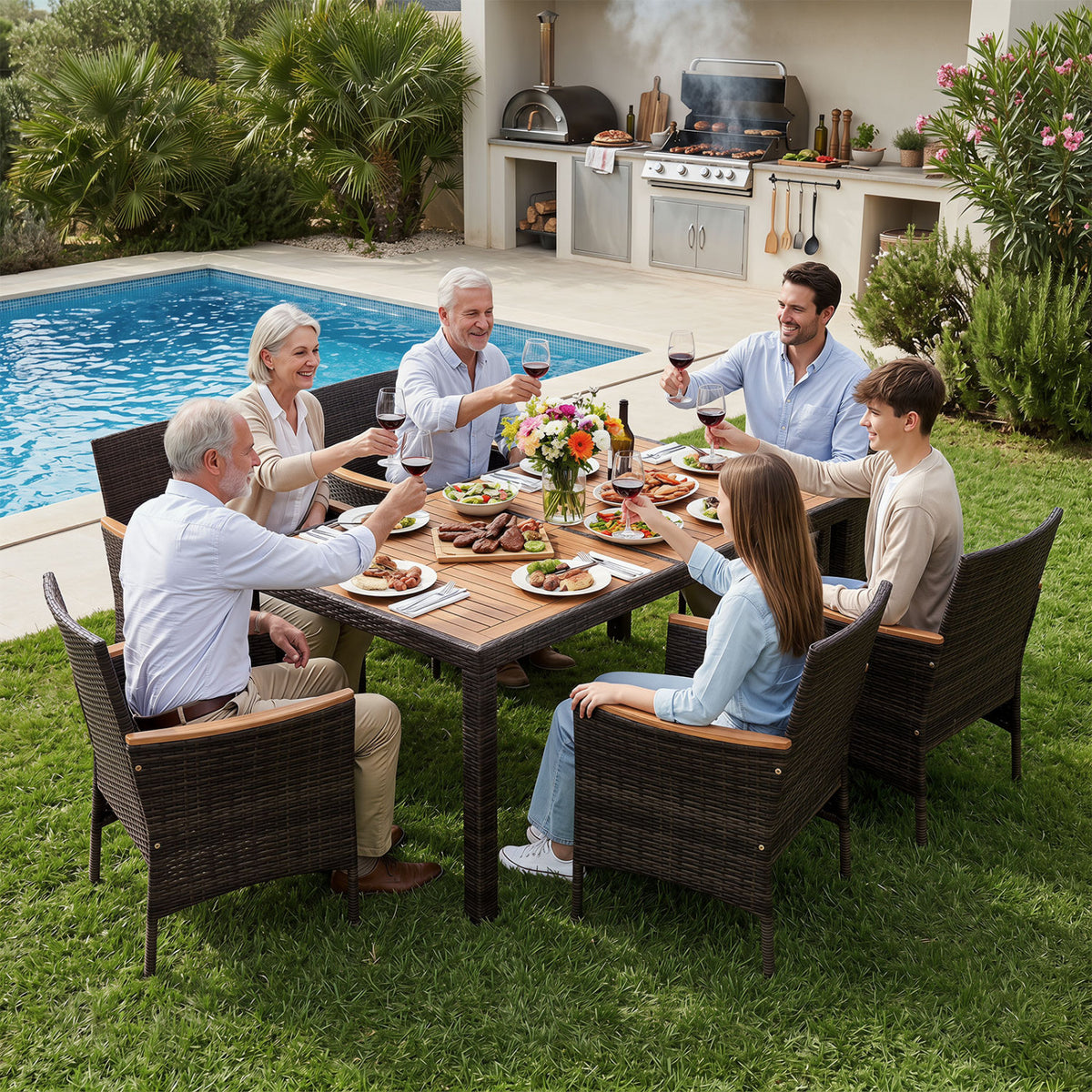 7-Piece Patio Dining Set with Wood Tabletop and Padded Cushion for